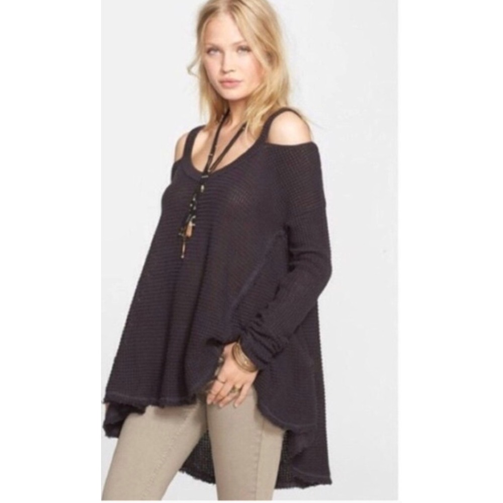 Free People Moonshine Cold Shoulder Waffle Knit Faded Black Sweater‎